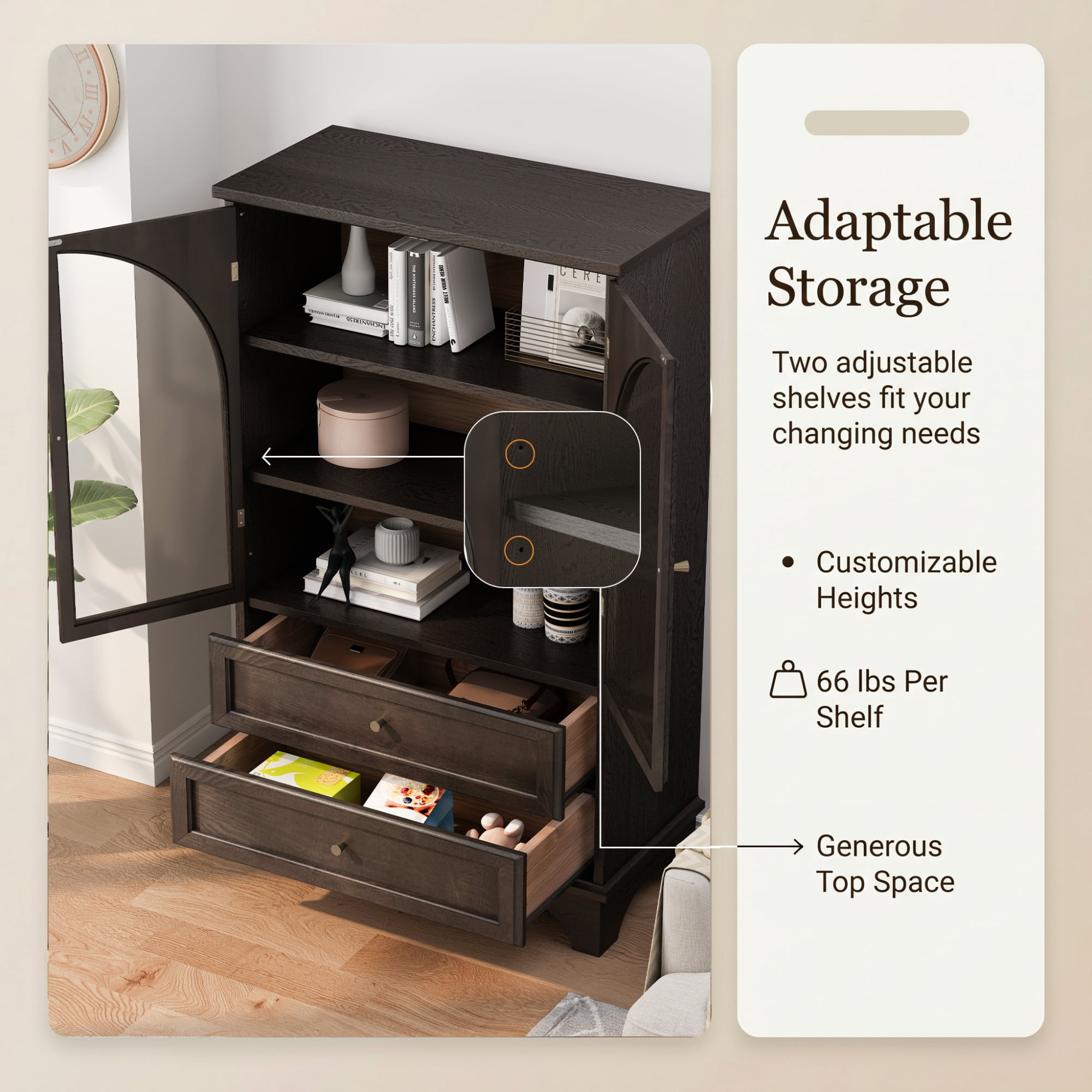 52.17"H Storage Cabinet with 2 Drawers and Adjustable Shelf,Modern Glass Door Curio Cabinet for Living Room,Bedroom,Kitchen,Office,Brown