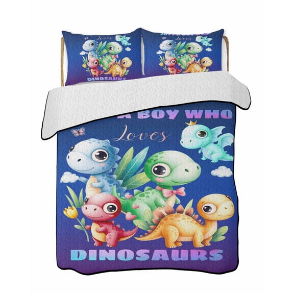 Twin Quilt Bedding Set, Funny Dinosaur Reversible Summer Quilt 3 Pieces, Cute Dino Purple Cartoon Boys Girls Children Lightweight Bedspreads Coverlets with 2 Pillow Shams for All Seasons