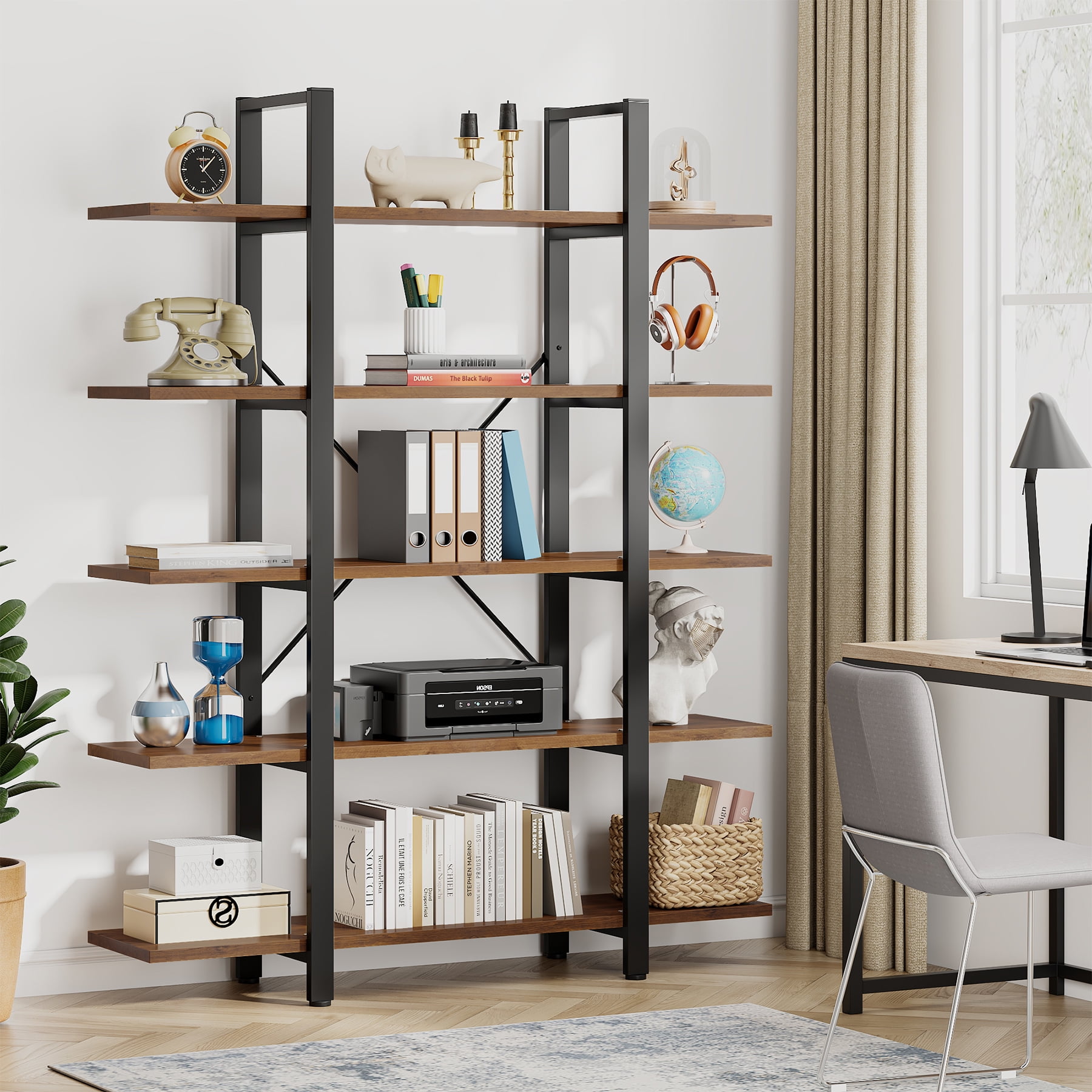 Tribesigns 5-Tier Bookshelf, Industrial 72 inch Bookcase, Vintage Brown