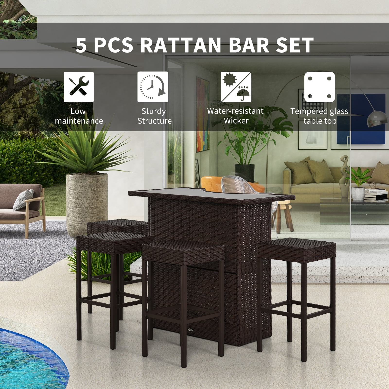 Outsunny 5 Pcs Outdoor Rattan Wicker Bar Set with Glass Top Table Storage Shelf 4 Stools Walmart