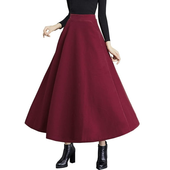Ediodpoh Skirts for Women High Elastic Waist Maxi Wool Skirt A Line Plaid Winter Warm Flare Long Skirt for Women Long Skirts for Women Red L