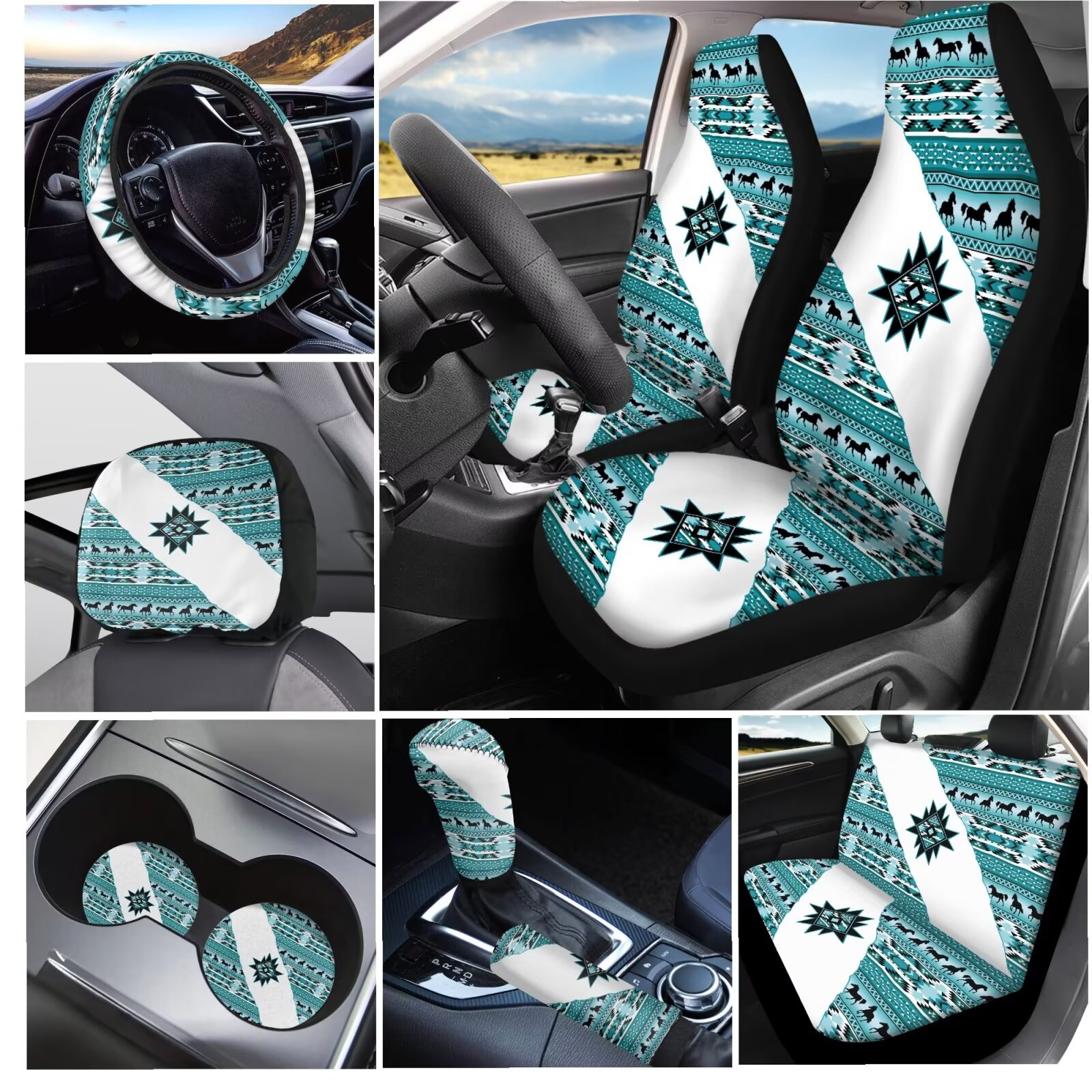 Garronmavis Aztec Geometry Car Seat Cover Full Set Car Accessories for Front Rear Seat Steering Wheel Cover Gear Shift Cover Handbrake Cover Headrest Cover Cup Coasters for Sedan SUV Truck