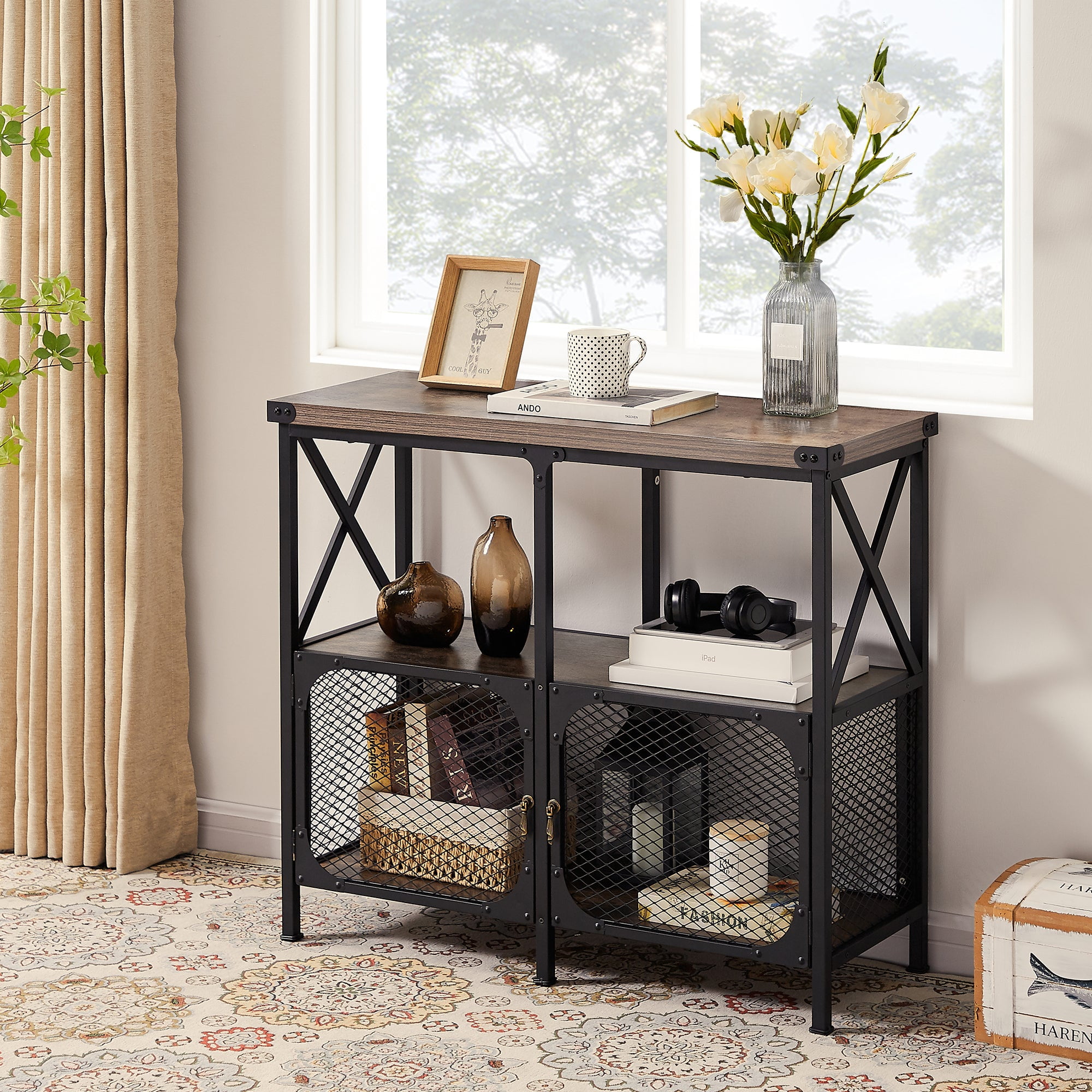 VECELO Industrial Console Table, 3Tier Storage Shelf with Mesh Door