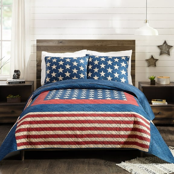Modern Heirloom Americana Patch 3-Piece Cotton Quilt Set, Blue/Red, Full/Queen