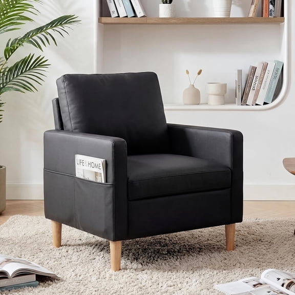 LAZZO Leather Accent Chair with Armrest Pockets, Mid-Century Modern Comfy Upholstered Armchair for Living Room Bedroom Office, Black