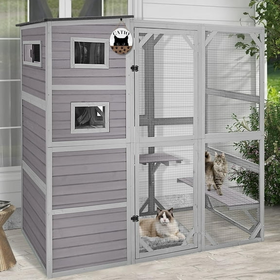 BUTINGLALE Large Catio Outdoor Cat Enclosure with 4 Tiers Weatherproof Roof Kitty House for Outdoor Cats, 77 Inch Heavy-Duty Cat House (Grey, Extra Large)