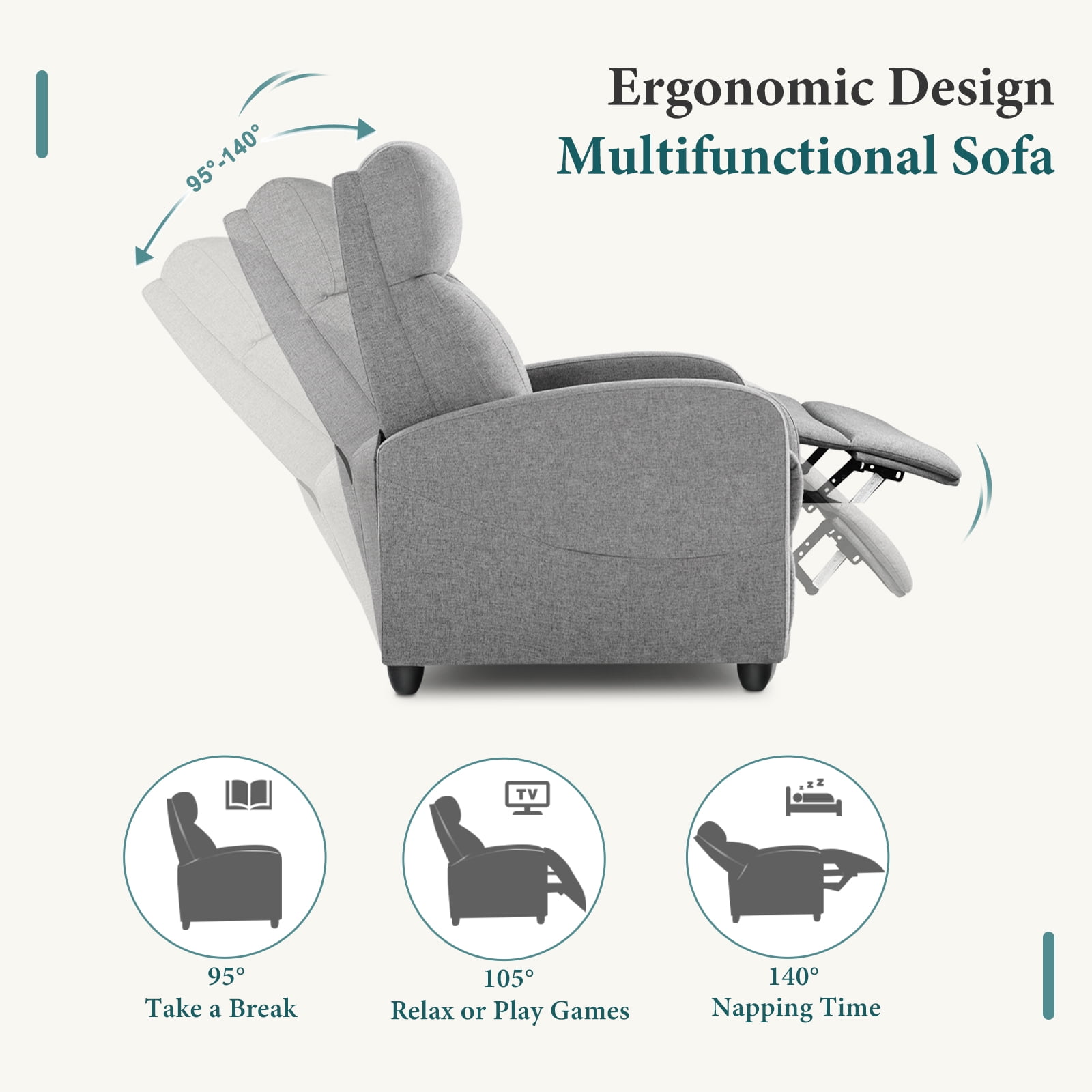 JOINSUN Modern Massage Recliner Chair with Vibration & 160° Lay-Flat Function – Space-Saving Small Sofa for Home Theater, Apartment, or Bedroom, 275lbs Weight Limit, Gray