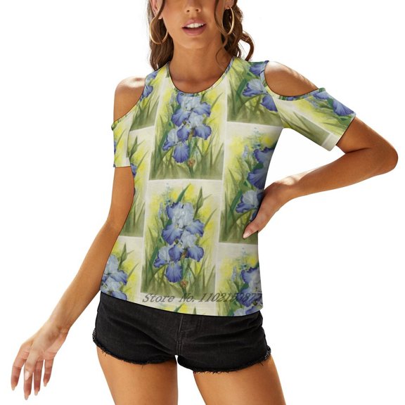 Awake Women'S Clothing V-Neck Tops Zipper Tee Ladies Casual Sexy T-Shirt Iris Floral Flowery Blossomy Flower Plant Garden