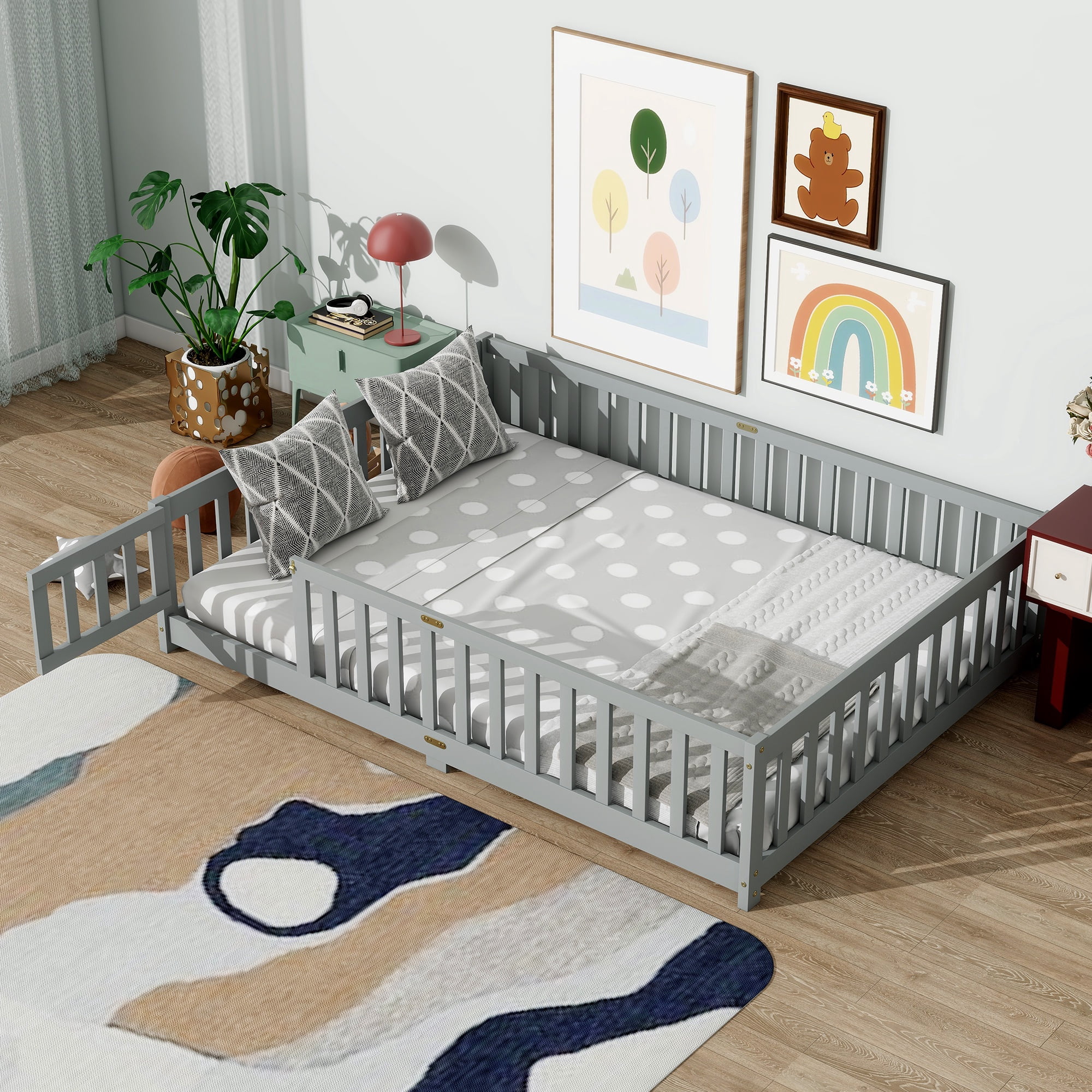 PAPROOS Full Floor Bed Frame, Wood Floor Platform Bed with Fence and Door, No Box Spring Needed, Modern Full Size Montessori Floor Bed for Little Girls Boys, Playhouse Bed Frame, Gray