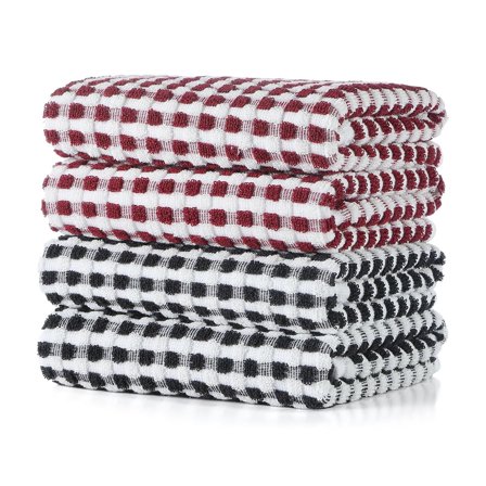 Soft Lattice Terry Dish Towels, Absorbent Cotton Kitchen Cloths, 16x26 Inch for Drying Dishes, Set of 4, Black