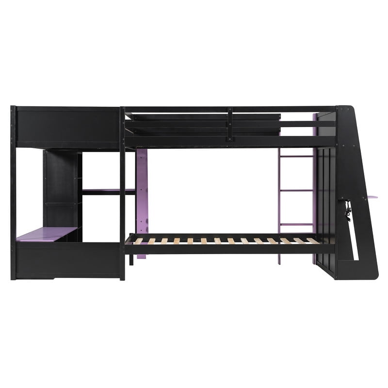 L-Shaped Twin Size Gaming Bunk Bed with RGB LED Lights, 3 Twin Beds, USB Ports, TV Stand & Storage Shelves, Reversible Wooden Bunk Bed Frame for Teens & Adults