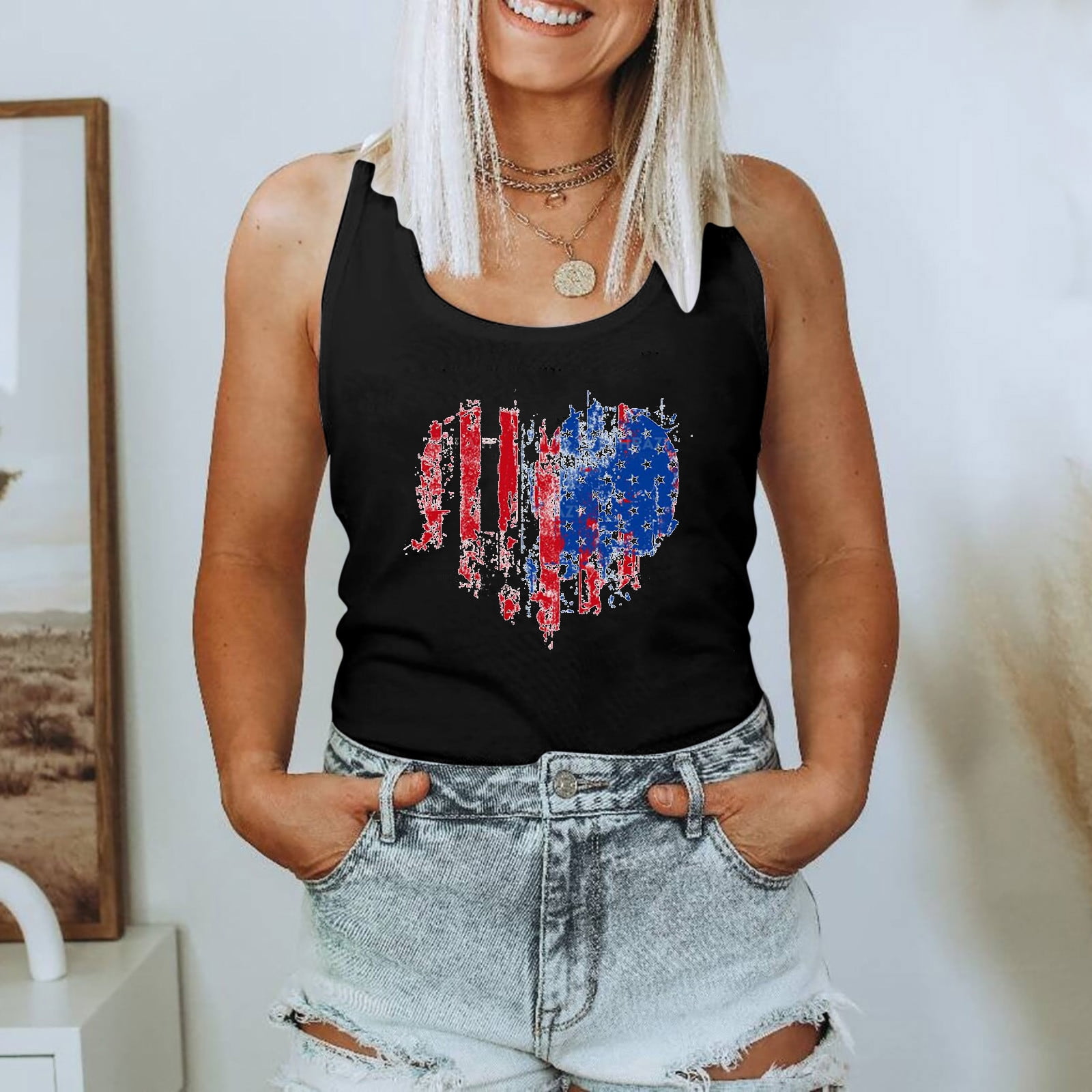 Fatuov 4th of July Tank Tops for Women Independence Day Round Neck American USA Flag Print Tops