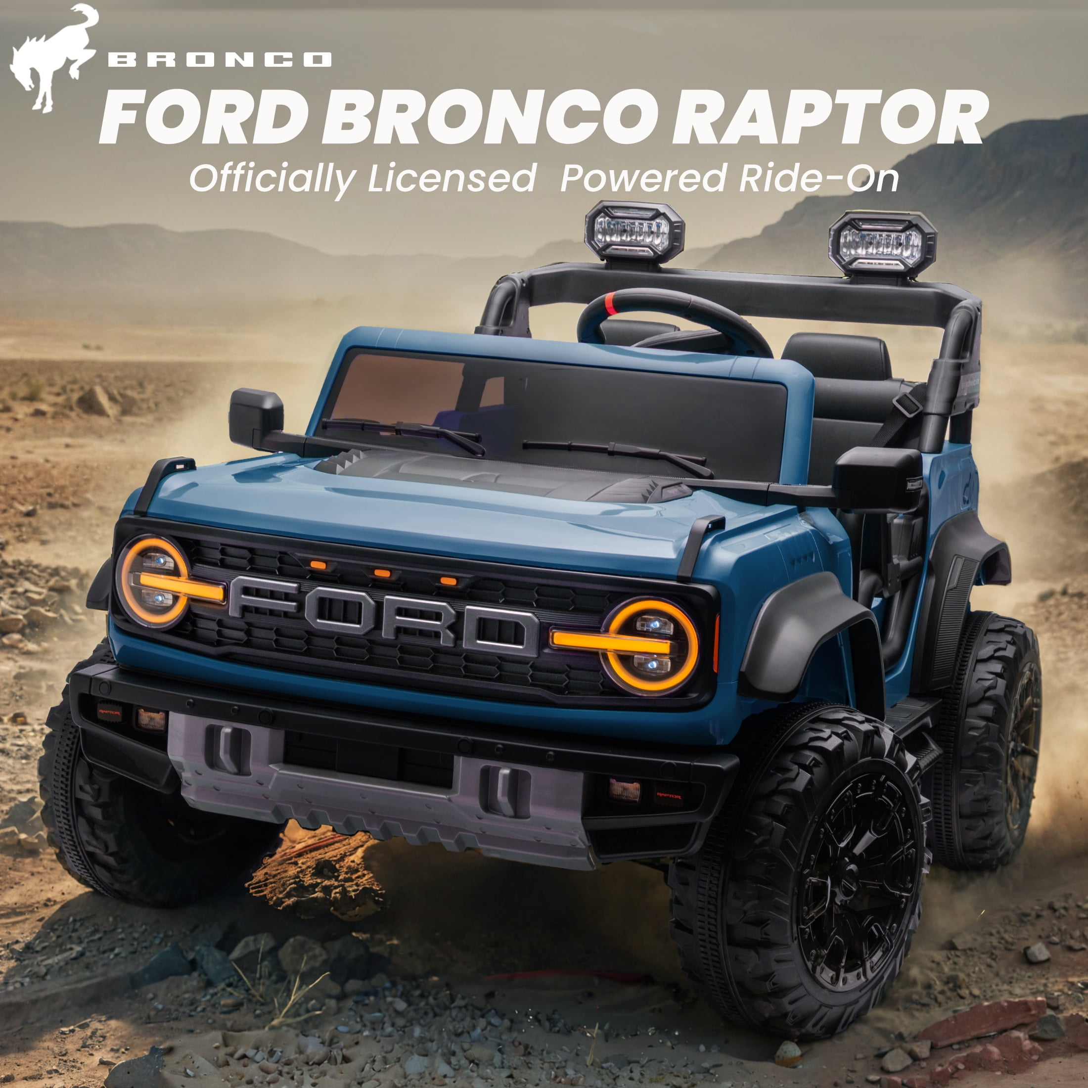 24V 2 Seater Ride on Cars for Big Kids, Licensed Ford Bronco Raptor Powered Ride on Toy Truck with Remote Control, Spring Suspension, Bluetooth, LED Light, Electric Car for Kids 3-8 Boys Girls, Blue
