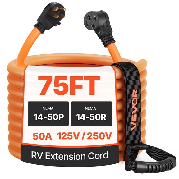 VEVOR 50A 75ft RV Extension Cord, 125V/250V 7500W, Heavy Duty 6/3 8/1 Gauge STW RV Power Cord, NEMA 14-50P to NEMA 14-50R, with Power Indicator, Cord Organizer, 15A Adapter,for Camper Trailer