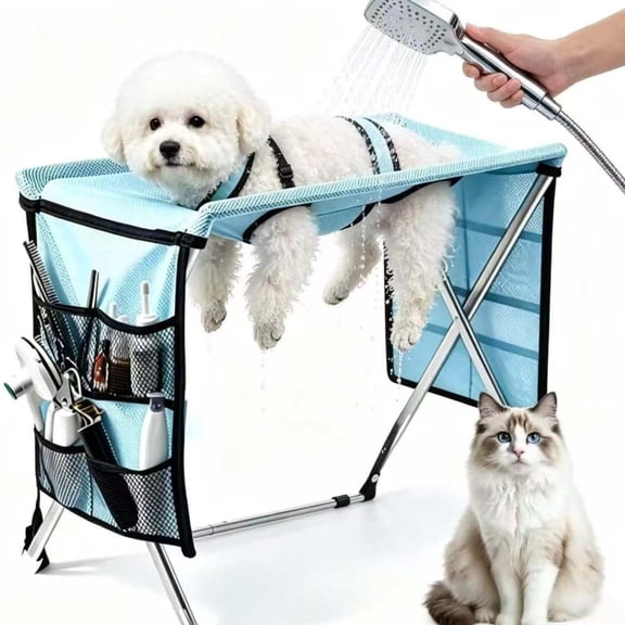 2-in-1 Foldable Pet Grooming Bed, Joint Support for Aging Pets, Stainless Steel Pet Grooming Stand for Nail Trimming, Bathing & Grooming, 30 lbs Weight Capacity