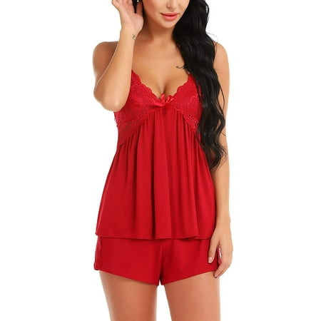 

JustVH Womens 2 pcs Sleepwear Pajamas Set Strap Lingerie Lace Trim Sleeveless Cami Top + Shorts Pjs