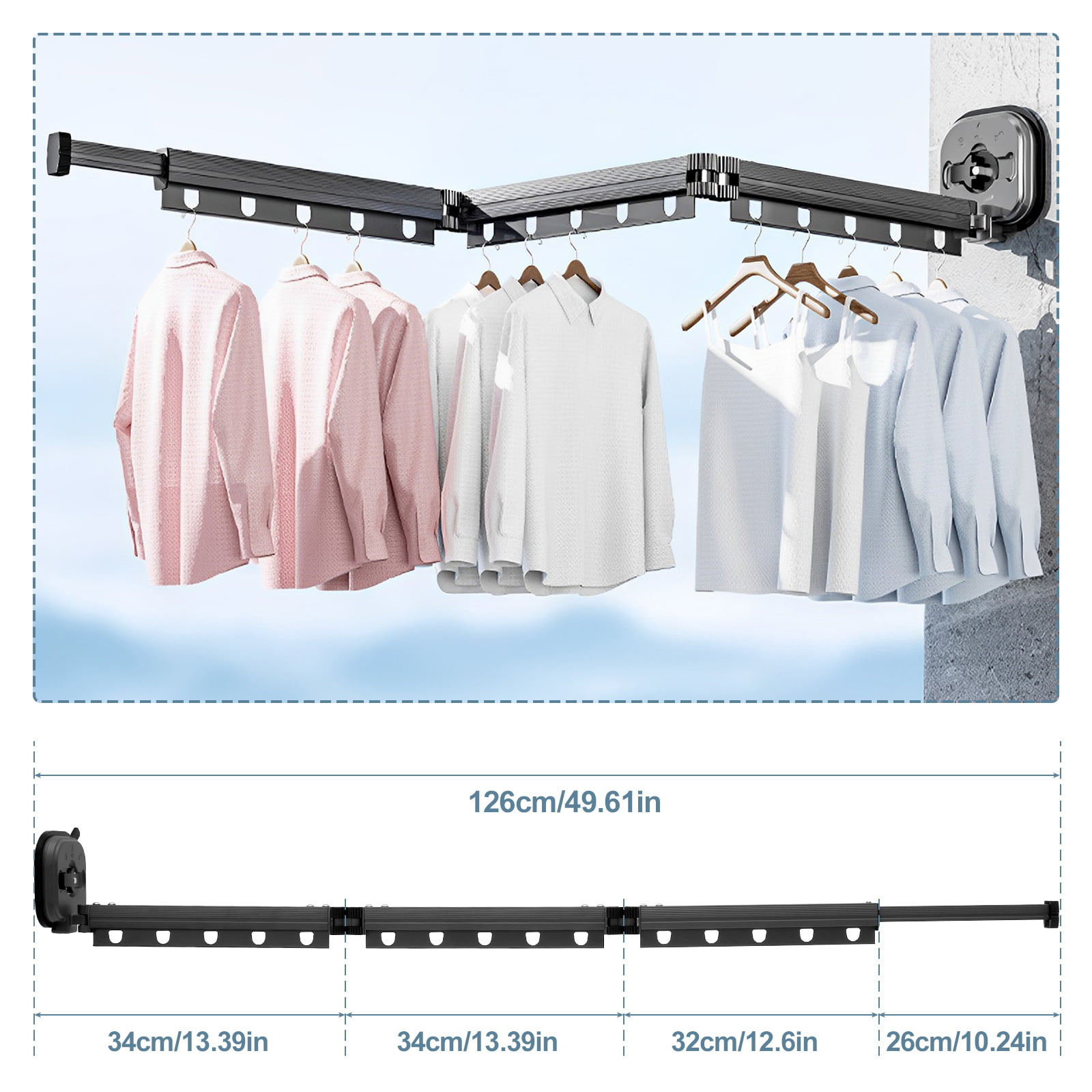 PACUM Rail de garde-robe rétractable réglable de 65 à 125 cm, grand cintre  en tissu extensible, système de rangement à retour doux avec poignée