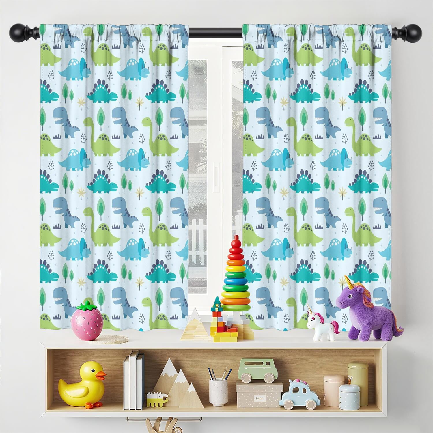 Blackout Kids Curtains,LightBlue Cartoon Dinosaurs Trees Pattern Childrens Insulated Curtains Set Of 2,Bedroom Essentials,Toddler Room Decor 42"x54"