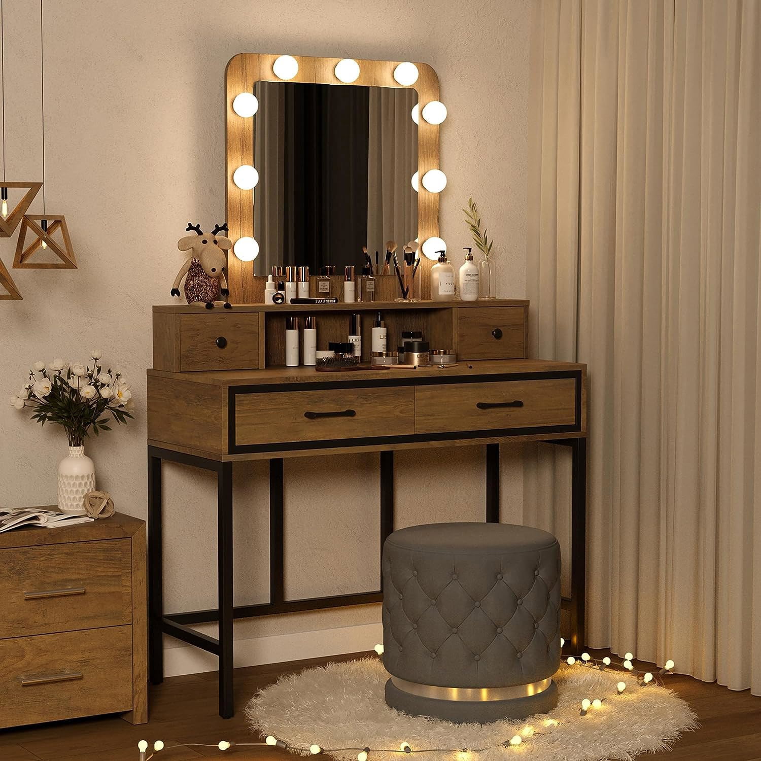 May in Color Makeup Vanity Table with 3 Color Dimmable Lighted Hollywood Mirror, Makeup Vanity with 4 Drawers , Brown