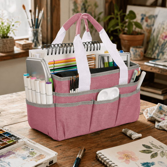 Craft Organizer Tote Bag, Pink Art Storage and Sewing Caddy with Multiple Pockets for Scrapbooking, School, and Office Supplies