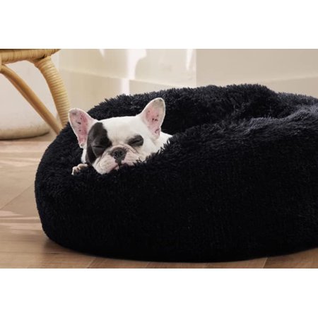 Bedsure Calming Dog Bed for Small Dogs - Donut Washable Small Pet Bed, 23 inches Anti-Slip Round Fluffy Plush Faux Fur Large Cat Bed, Fits up to 25 lbs Pets, Black