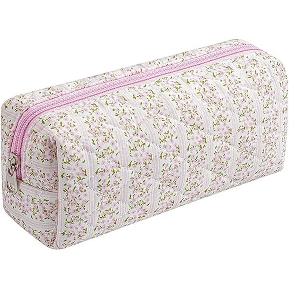 Auckpure Cute Floral Cotton Makeup Brush Cosmetic Bag for Women, Travel Quilted Zipper Make Up Bag, Flowers Toiletry Organizer Case Kawaii Makeup Cosmetic Travel Cloth Pouch (Pink Floral)