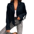 thumbnail image 2 of ClodeEU Women's Lapel Collar Fringe Tassel Cropped Suede Jacket,Long Sleeve Open Front Western Cowboy Style Outerwear Black,Women's Plus L, 2 of 5