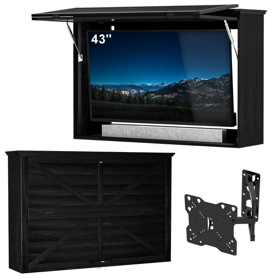 GDLF Outdoor TV Enclosure, 43-Inch Solid Wood Weatherproof TV Cover with Heavy-Duty Single-Arm Mount (Fits 32-43 inch), Black