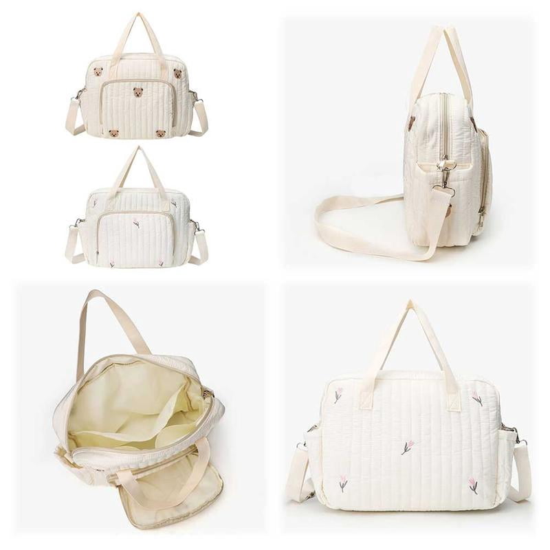 SPEKSEE Bear/Flower Quilted Travel Diaper Tote Cotton Crossbody Maternity Bag Adjustable Strap Messenger Shoulder Bag Diaper Handbag