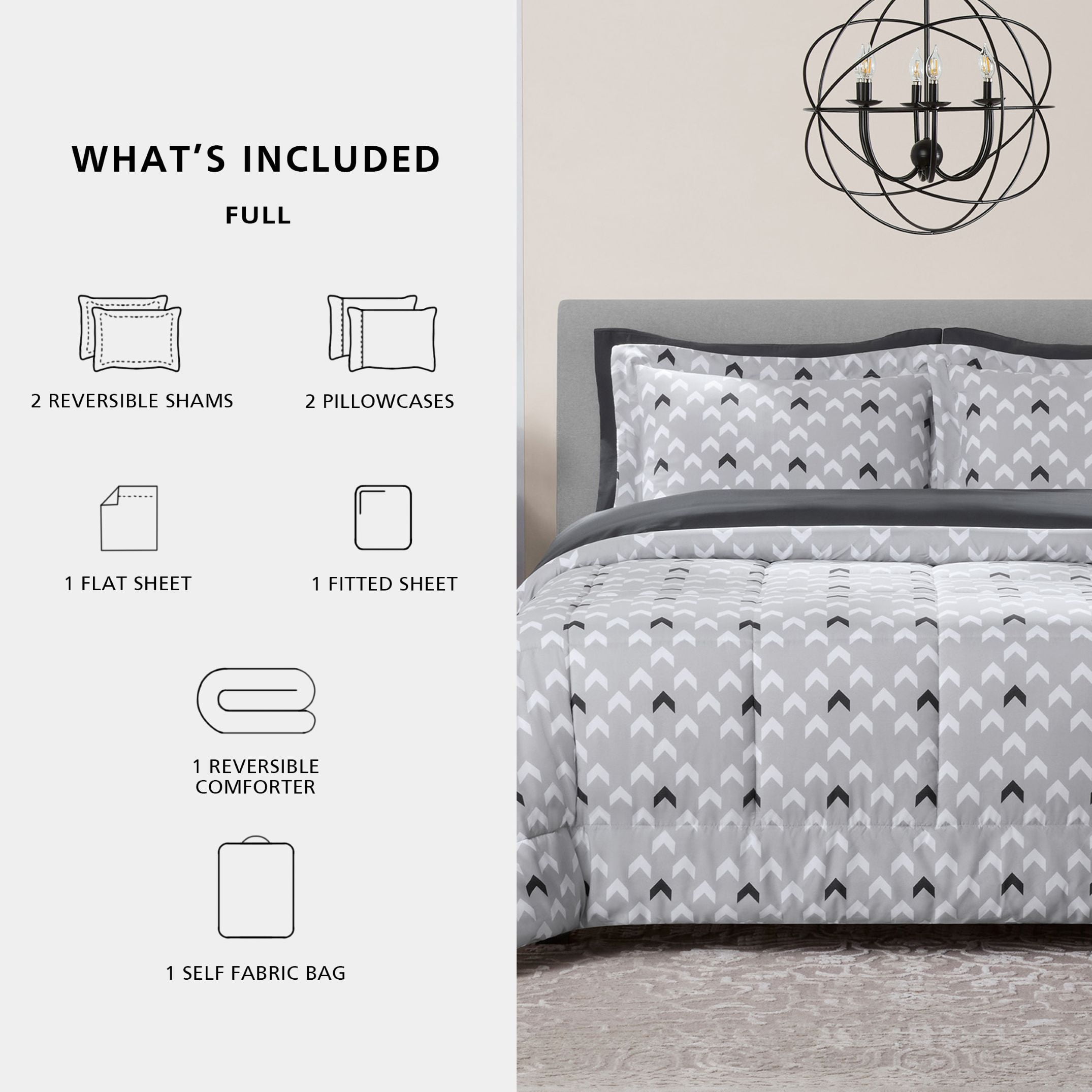 Mainstays 7-Piece Reversible Bed in a Bag Comforter and Sheet Set, Full, Light Grey Chevron