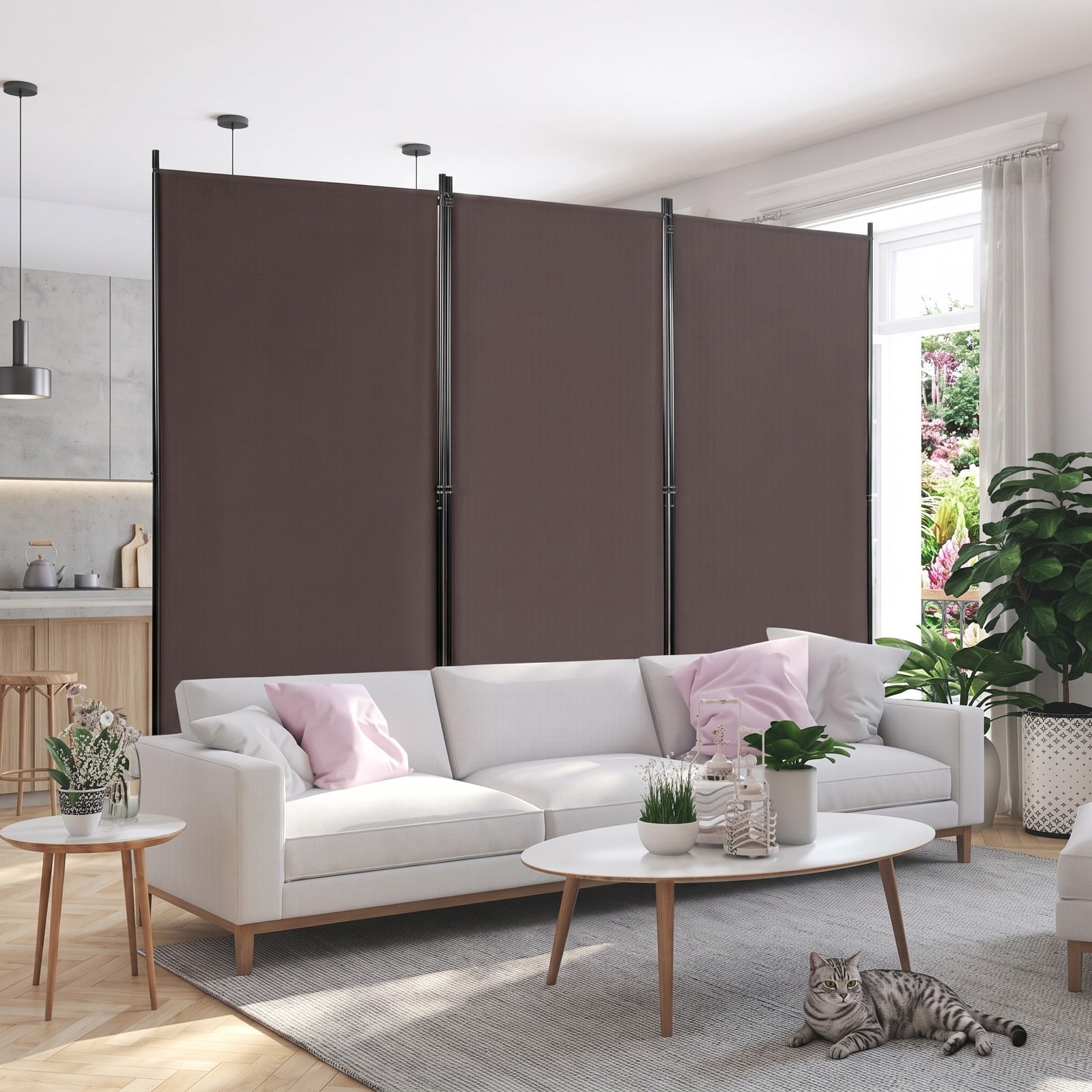 ALPULON 3-Panel Room Divider Folding Privacy Screen, 6 FT Freestanding Partition Panel Screen with Durable Hinges and Steel Base for Office, Bedroom, Home Decor, Brown