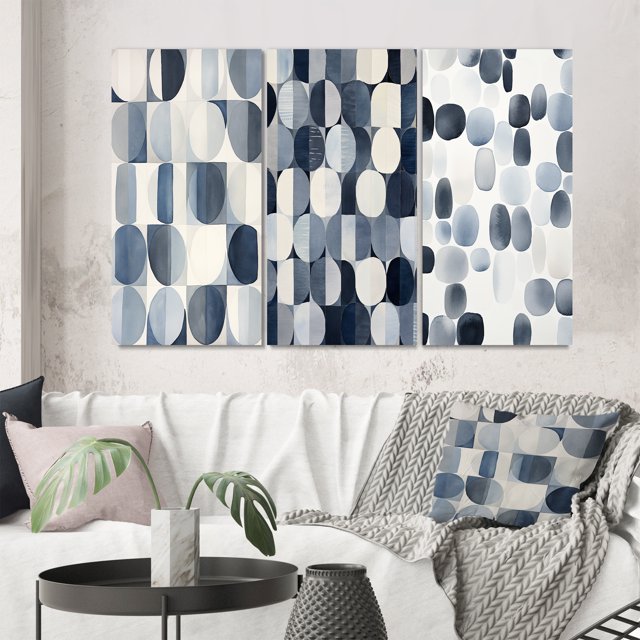 Designart "Retro Blue Circular Universal Grid" Modern Geometric Wall Art Set Of 3 - White Abstract Canvas Set For Living Room Decor