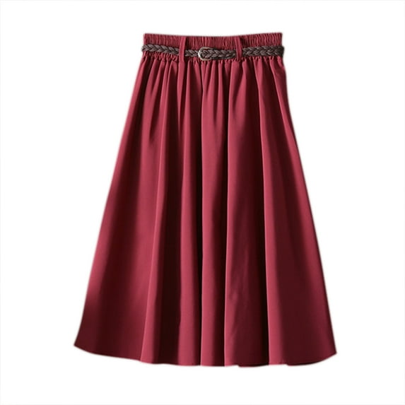 FANTADOOL Elegant Women High Waist Pleated Skirt Vintage Fashion A Line Ladies Skirts Solid Color Wine Red