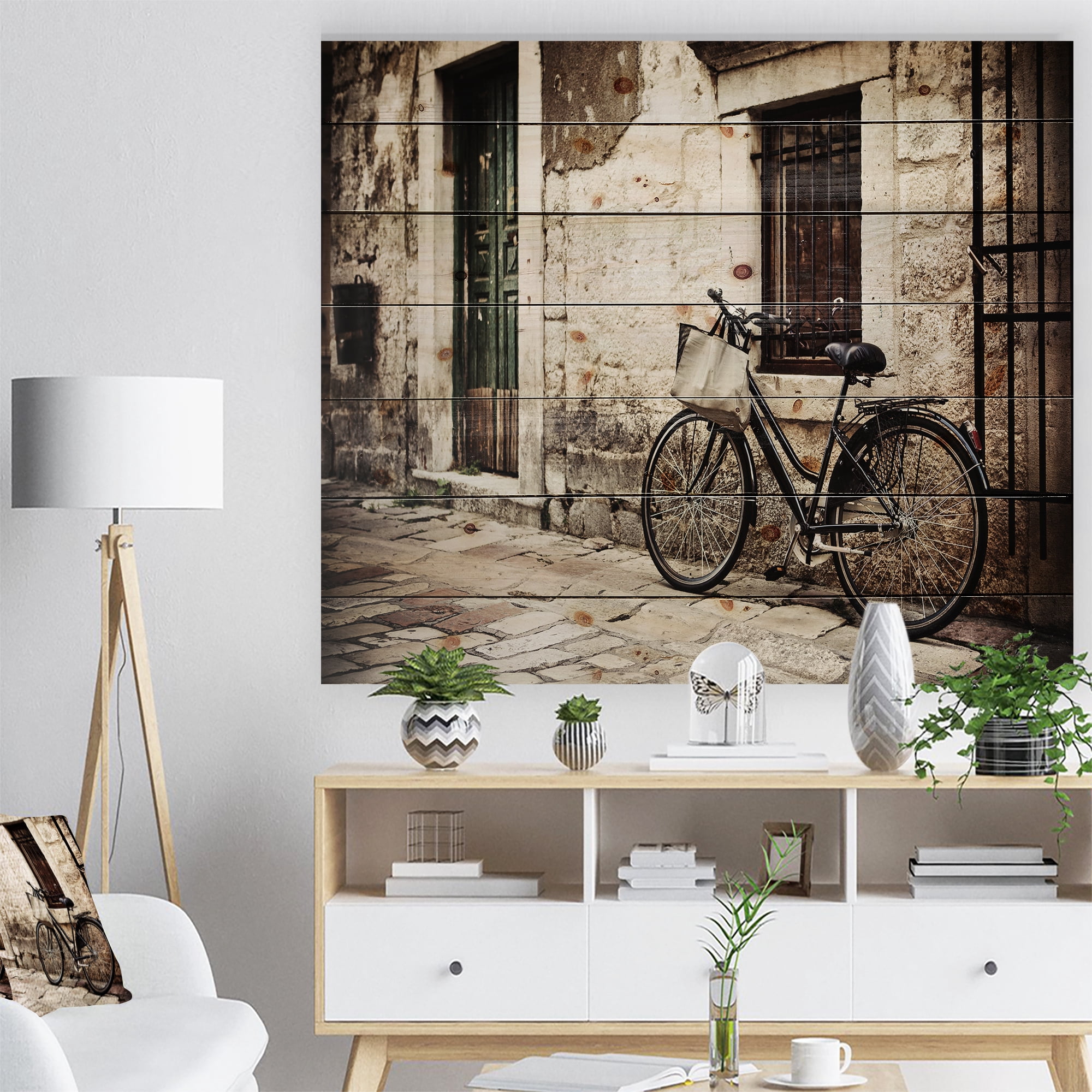 Designart 'Shopping Bag On Bicycle Vintage Paris Street' Landscape Photo Print on Natural Pine Wood