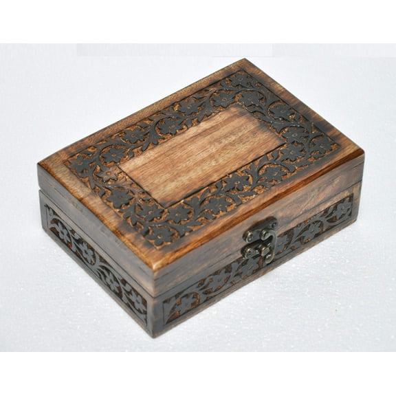Antique Handmade Wooden Engraving Hand Carved Jewellery Box for Women-Men Jewel | Home Decor Accents | Decorative Boxes | Storage & Organiser (7" x 5" x 2.5", Antique Border)