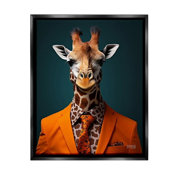 Stupell Industries Giraffe in Formal Suit Animals & Insects Painting Black Floater Framed Canvas Art Print Wall Art, 17 x 21