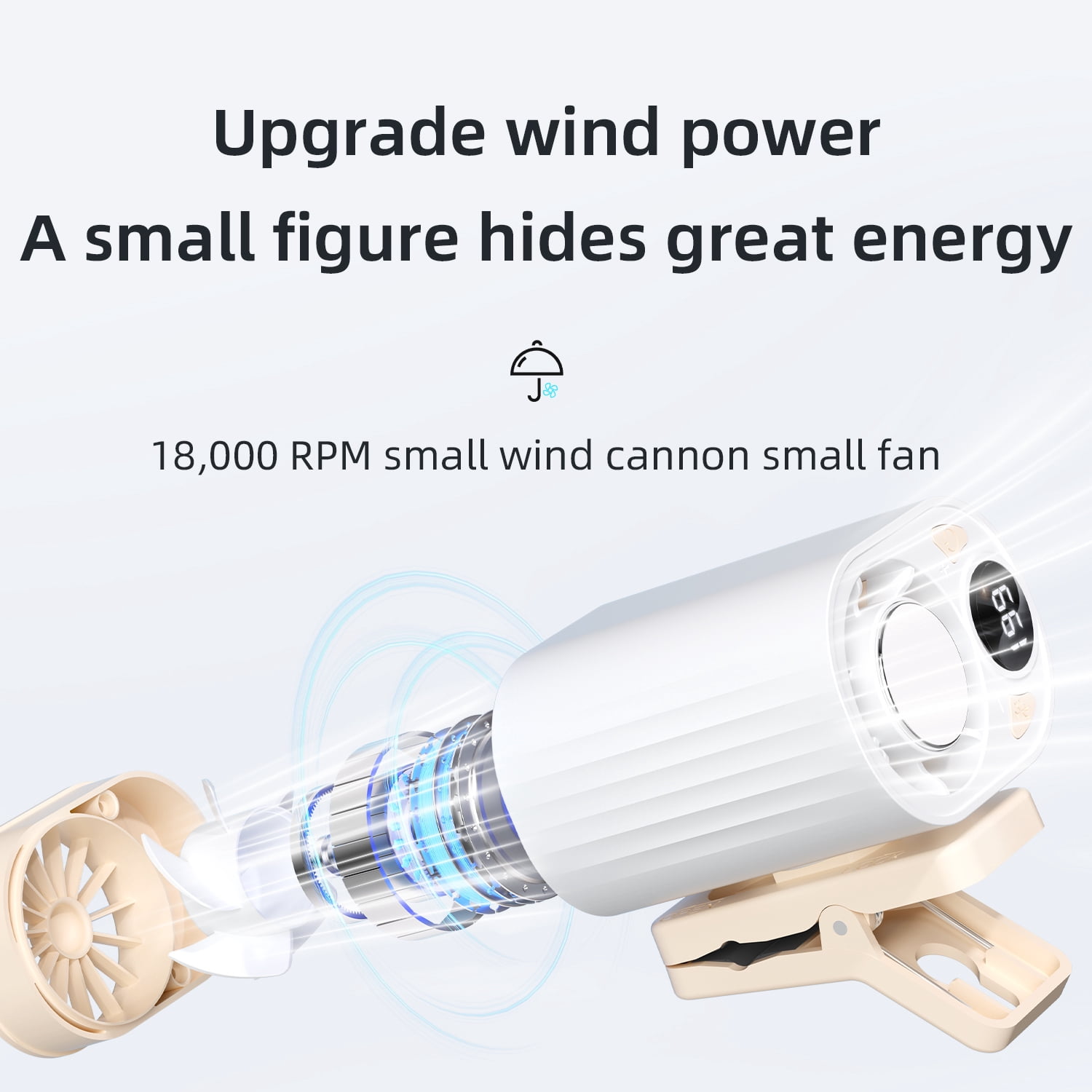 Wiher Small Clip on Fan, Semiconductor Smart Cooling, Portable Rechargeable Clip Fan with LCD Display, 1800mAh 5W USB Desk Fan for Home, Travel, Office, Car, White