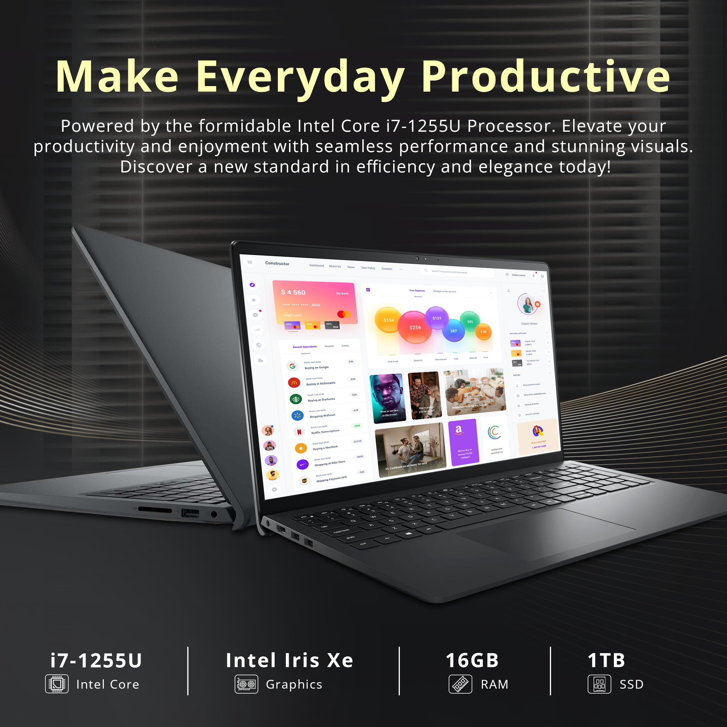 Dell Inspiron 15 3520 15.6" FHD Touch Laptop, Intel i7-1255U Processor, 16GB RAM, 1TB PCIe SSD, Intel Iris Xe Graphics, Num Pad, Camera, WiFi, Black, Windows 11 S