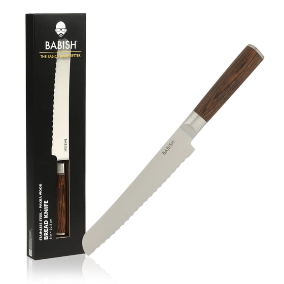 Babish 8-Inch Bread Knife – High-Carbon 1.4116 German Steel Serrated Knife with Dark Pakka Wood Handle, Full-Tang Razor Sharp Kitchen Knife for Slicing Bread, Crusting & Artisan Loaves