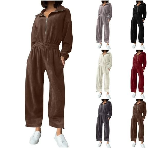 FRSASU Women's Solid Color Long Sleeve Casual Loose Half Open Collar Elastic Waist Fashion Jumpsuit White XL(XL)