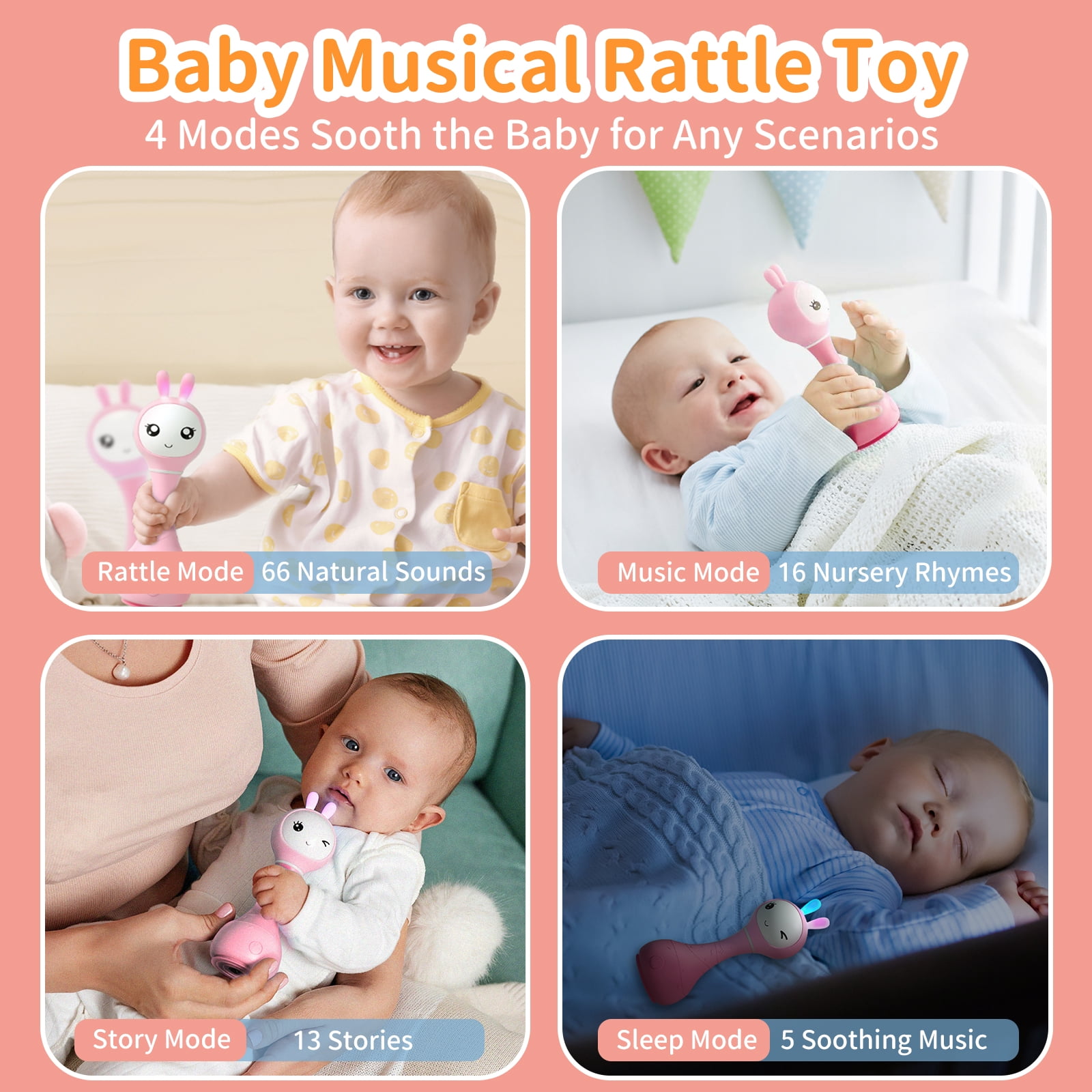 alilo Smarty Bunny Baby Rattle - Infants Musical Light up Toys for 0-24 Months - Nursery Rhymes, Stories, White Noise, and Colour Recognition - Newborn Gift
