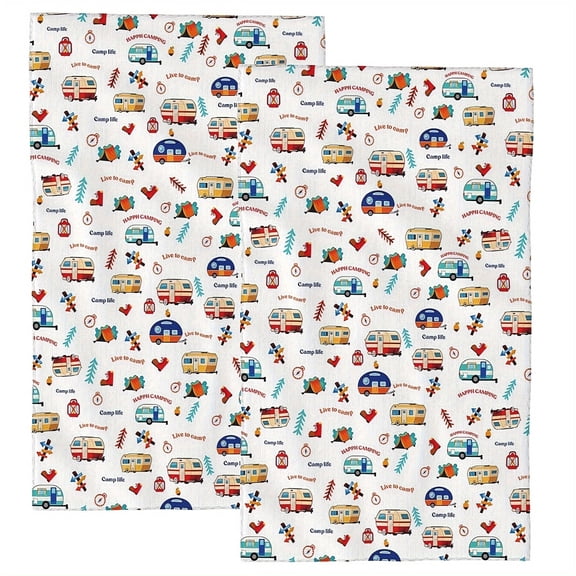 Happy Camper Camping Kitchen Towel Set of 2, 24 x 16 inches, Absorbent, Hanging Loops