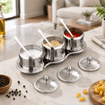 Stainless Steel With Glass Lids 18/8 Condiment Jar Set with 3 Spoons ...