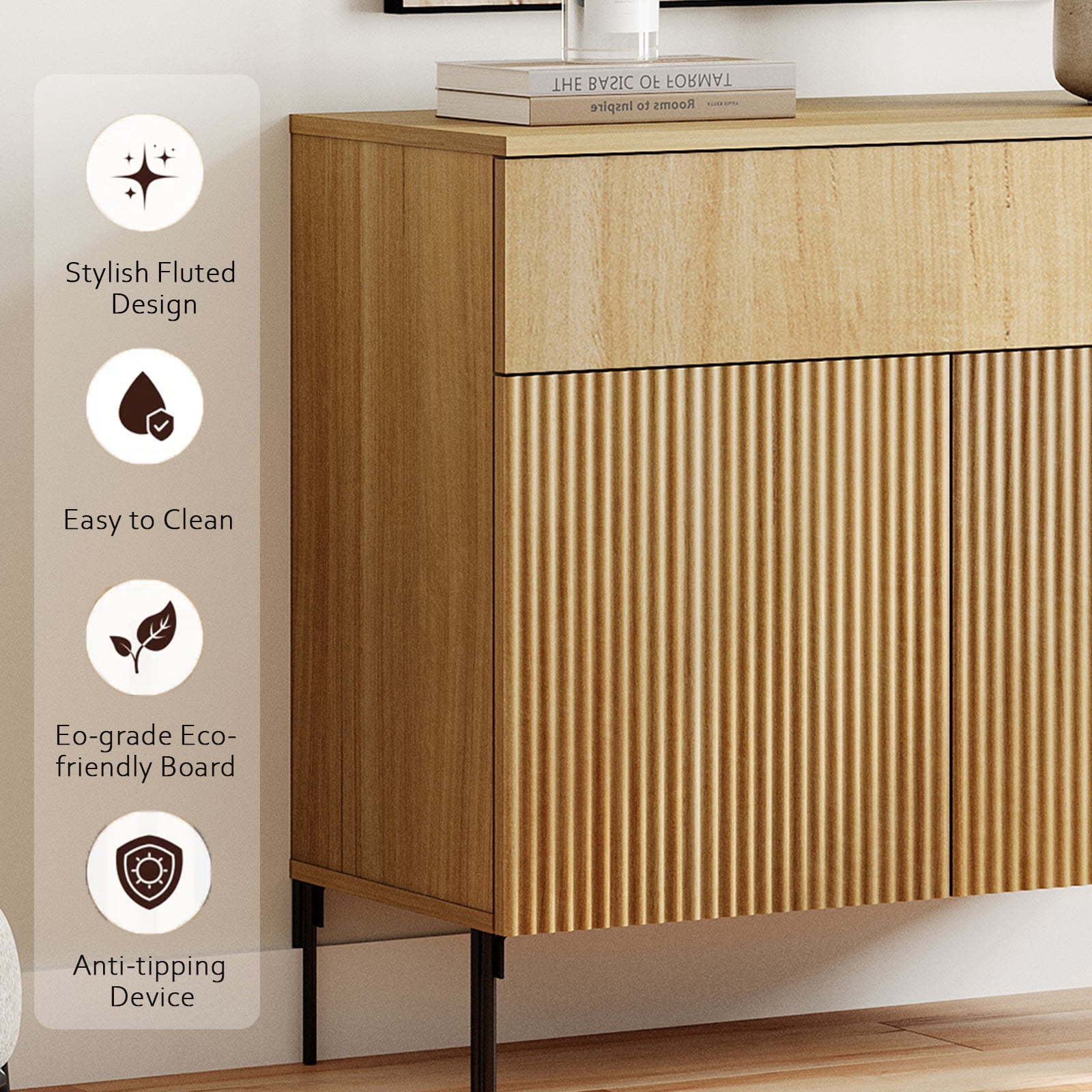 94.5" Modern Reeded Dresser TV Stand for TVs up to 100 Inch, Entertainment Center with Adjustable, Wooden TV Console with Storage for Living Room