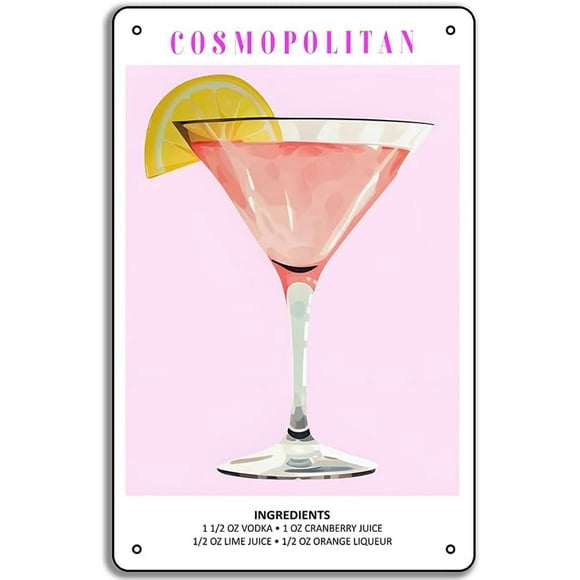 Cosmopolitan Art Print Cocktail Poster, 8x12in Metal Tin Sign, Mixology Gift for Her, Alcohol Sign, Kitchen Watercolor Drink Poster