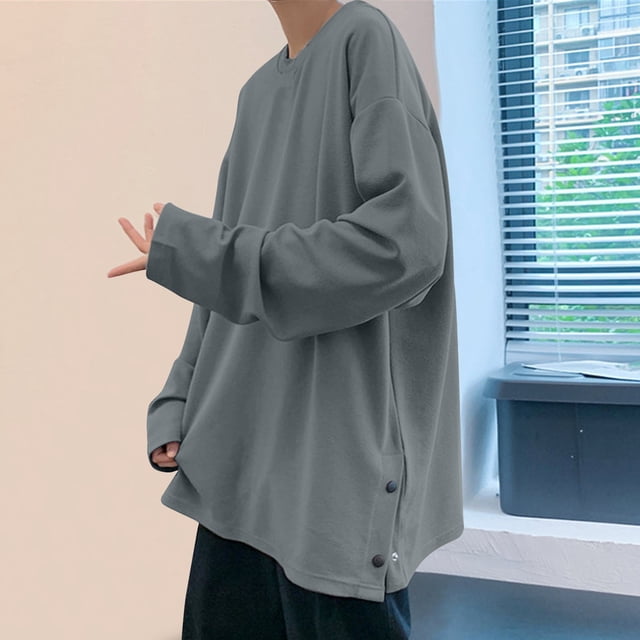 pstuiky camisa de manga larga para hombre, Blusas y camisas de cuello redondo de manga larga con abertura inferior de color sólido para hombre Tops casuales para hombres xxxxxl