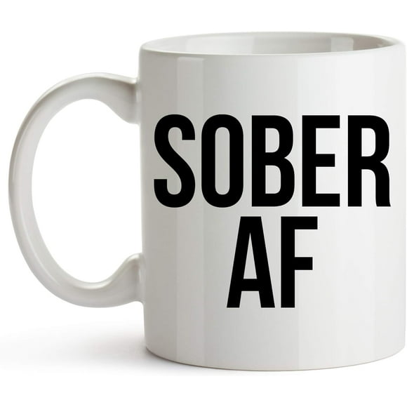 YouNique Designs Sober AF Coffee Mug, 11 Ounces, White, 1 Year Sobriety Gifts for Women and Men (White)
