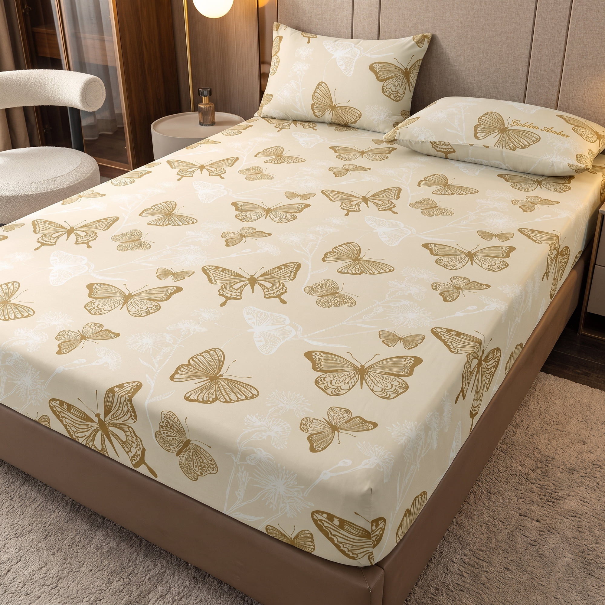 Unique Bargains Fitted Sheet Butterfly Pattern Microfiber Bed Sheets Beige 78.0"x79.9"