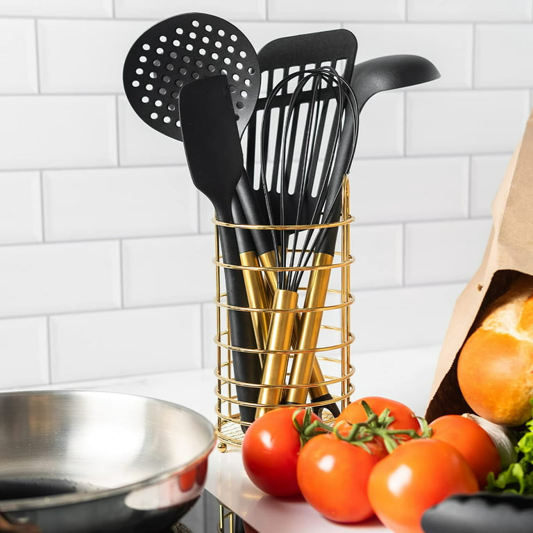 Black and Gold Kitchen Utensils Set 6PC Black Silicone Utensils Set  Includes: Gold Tongs, Gold Whisk, Gold Serving Spoon, Gold Spatula &  Turner-Black and Gold Kitchen Accessories & Gold Kitchen Decor 