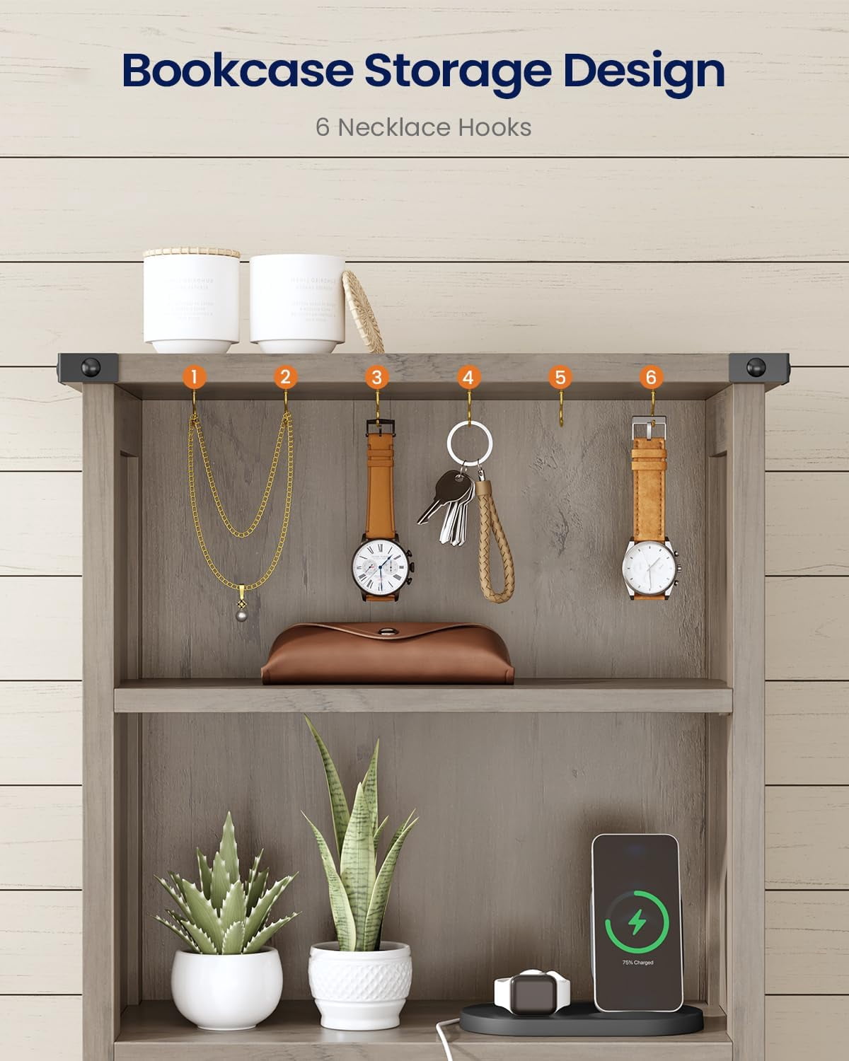 Farmhouse 51.6'' Tall Nightstand with Charging Station and LED Lights, Bed Side Table with 2 Drawers and Bookshelf & 6 Hooks, Easy to Assembly, Gray